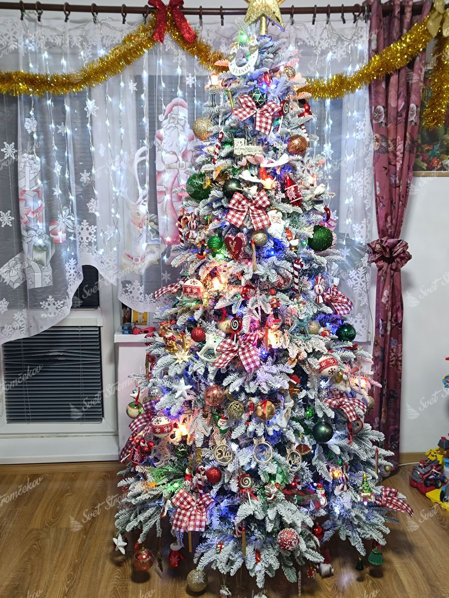 Umelý vianočný stromček 3D Jedľa Alabastrová 210cm husto ozdobený červenými, zelenými a zlatými ozdobami. má červeno-biele mašle a drevené ozdoby.