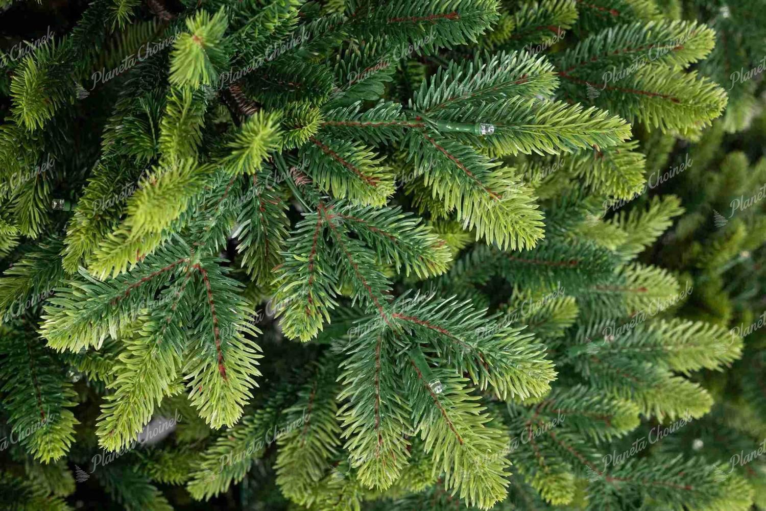 Detal gałązki sztucznej choinki 100% PE Jodła Sycylijska, Ma naturalny zielony kolor, a końcówka gałązki jest jasnozielona